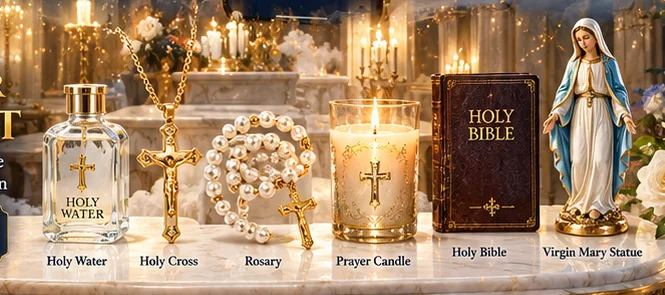 Devotional gifts including holy water, crucifix, rosary, candle, Bible and Virgin Mary statue